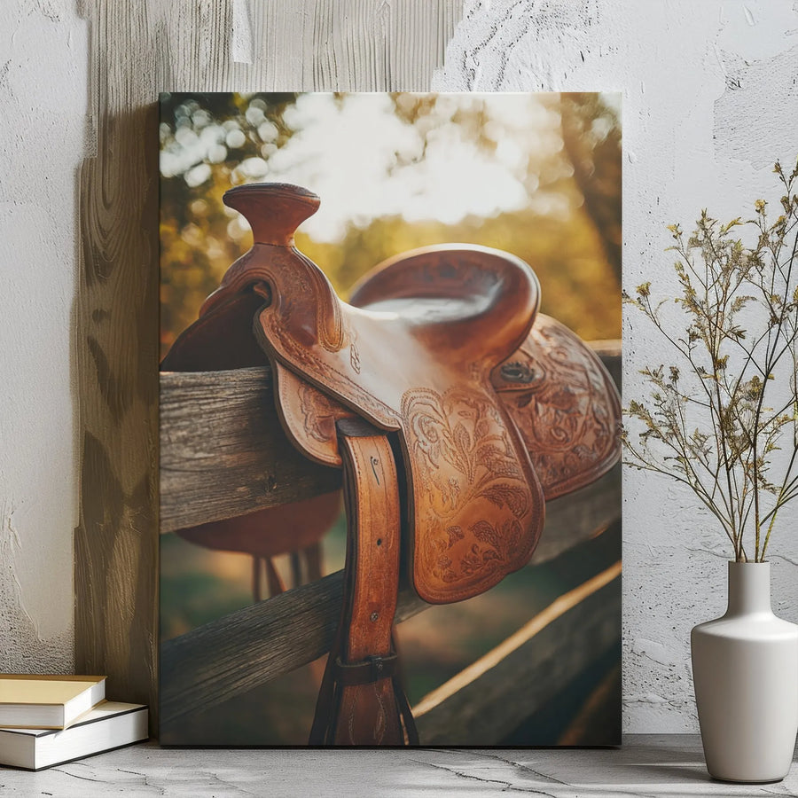Western Horse Saddle Canvas Print | Rustic Tooled Leather Ranch Decor | Premium 1.25-inch Gallery Wrap | Gift for Equestrian Cowboy Lovers