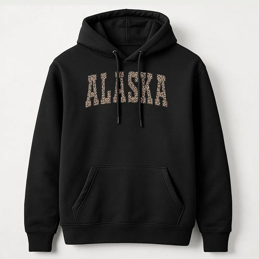 Alaska Hoodie | Leopard Print Collegiate Pullover | Soft Unisex Crewneck | State Pride Souvenir Gift for Student
