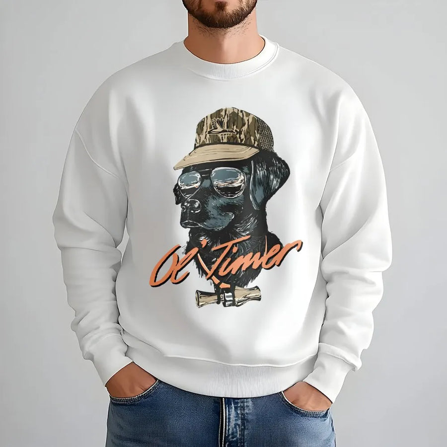 Ol' Timer Labrador Hunting Sweatshirt | Camo Cap Dog Graphic Design | Premium Cotton Blend | Gift for Hunter Duck Hunting Enthusiast