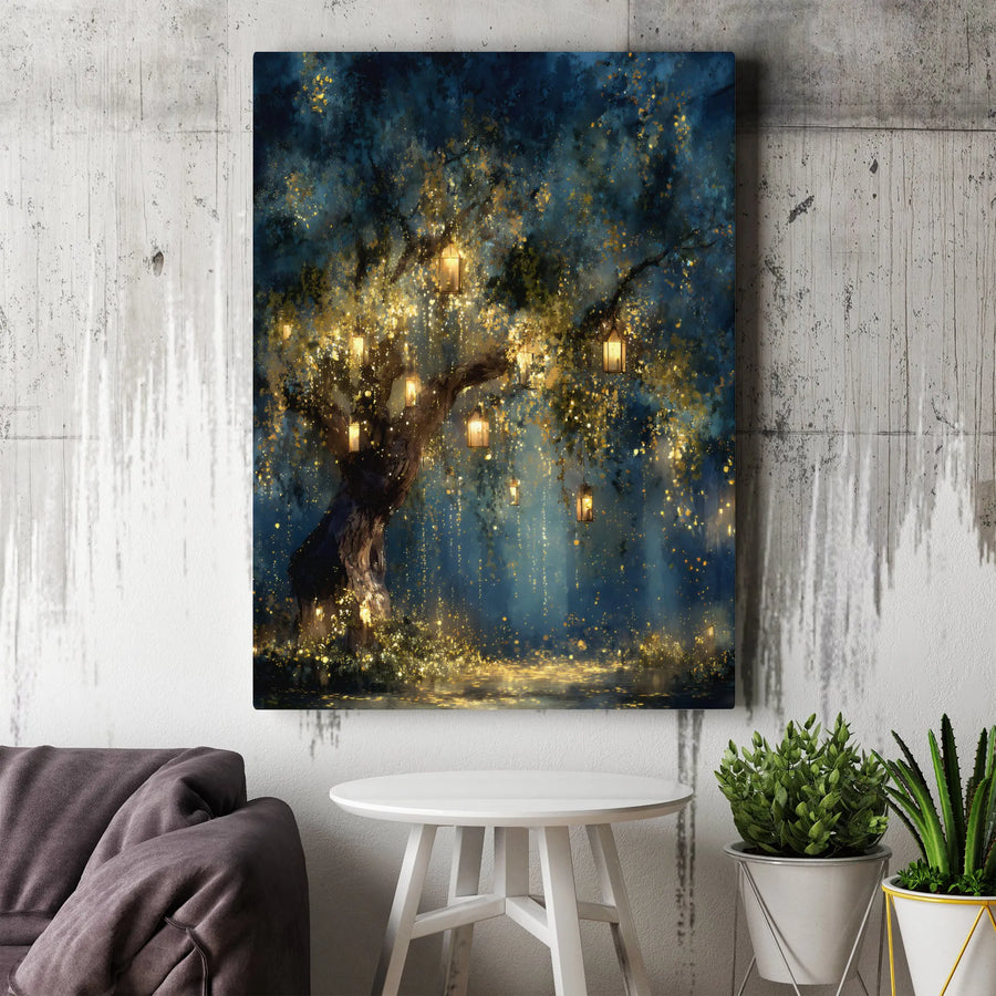 Enchanted Forest Tree Canvas Art | Magical Glowing Lanterns Wall Decor | Premium Fade-Resistant Print | Whimsical Home Gallery Gift