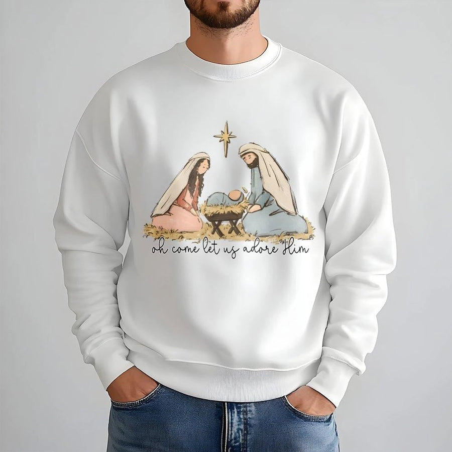 Nativity Scene Sweatshirt | Oh Come Let Us Adore Him Graphic | Premium Cotton Blend Crewneck | Religious Christmas Gift for Women and Men