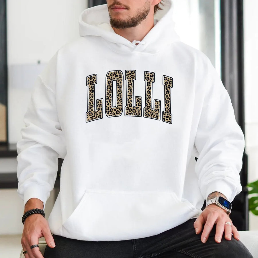 Lolli Hoodie Sweatshirt | Leopard Print Varsity Letters | Premium Cotton Blend Pullover | Gift for Grandma, Mother's Day Gift