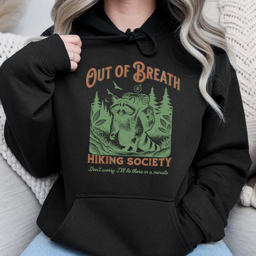 Out of Breath Hiking Society Hoodie | Vintage Raccoon Graphic | Soft Fleece Pullover | Gift for Hiker and Outdoor Lover