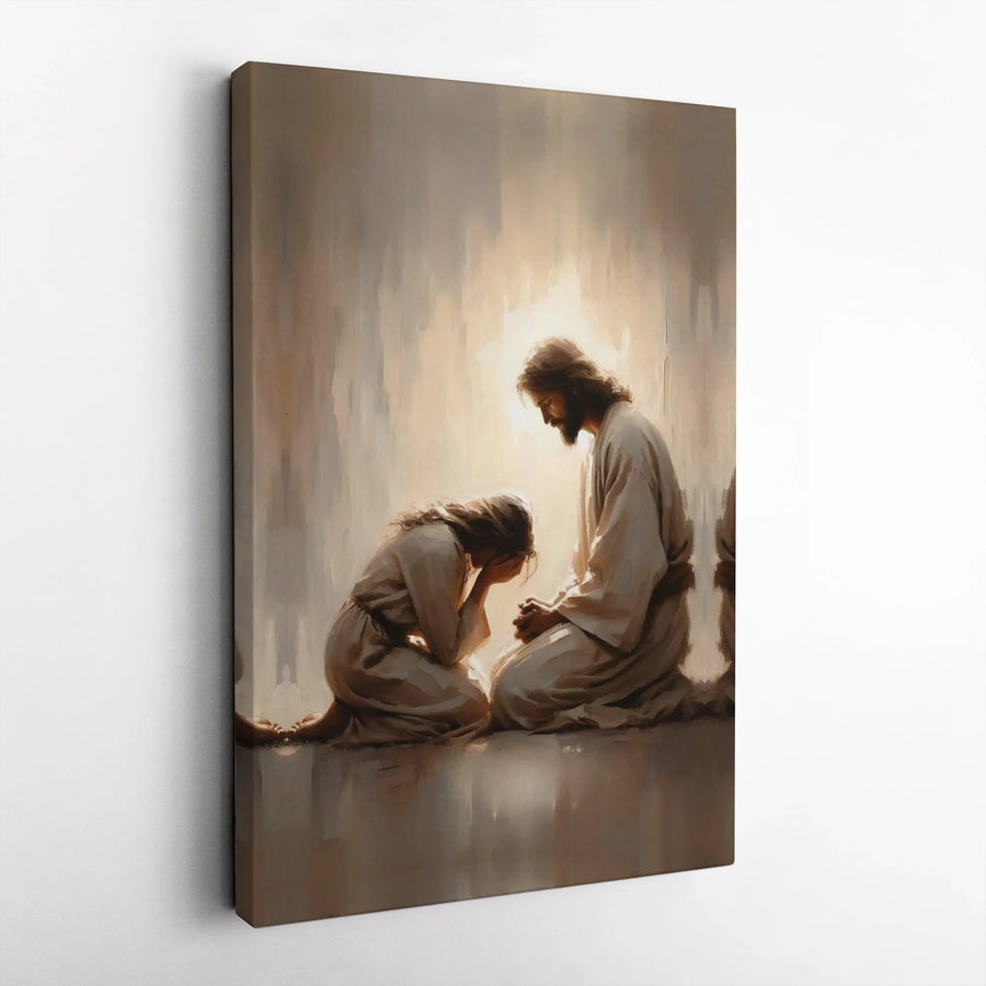 Jesus Comforting Weeping Woman Canvas | Religious Fine Art Print | Gallery-Quality 1.25" Profile | Spiritual Home Decor Gift