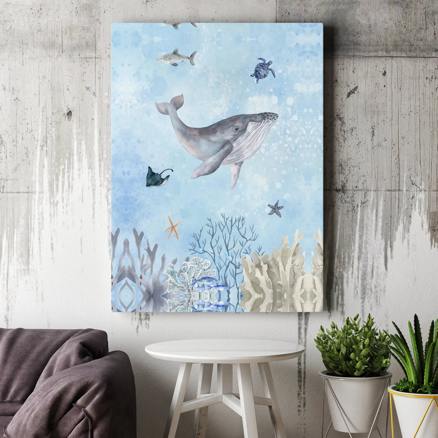 Watercolor Ocean Canvas Wall Art | Whale Sea Turtle Shark Coral Reef Print | Premium Gallery Wrap Decor | Nursery & Coastal Home Gift