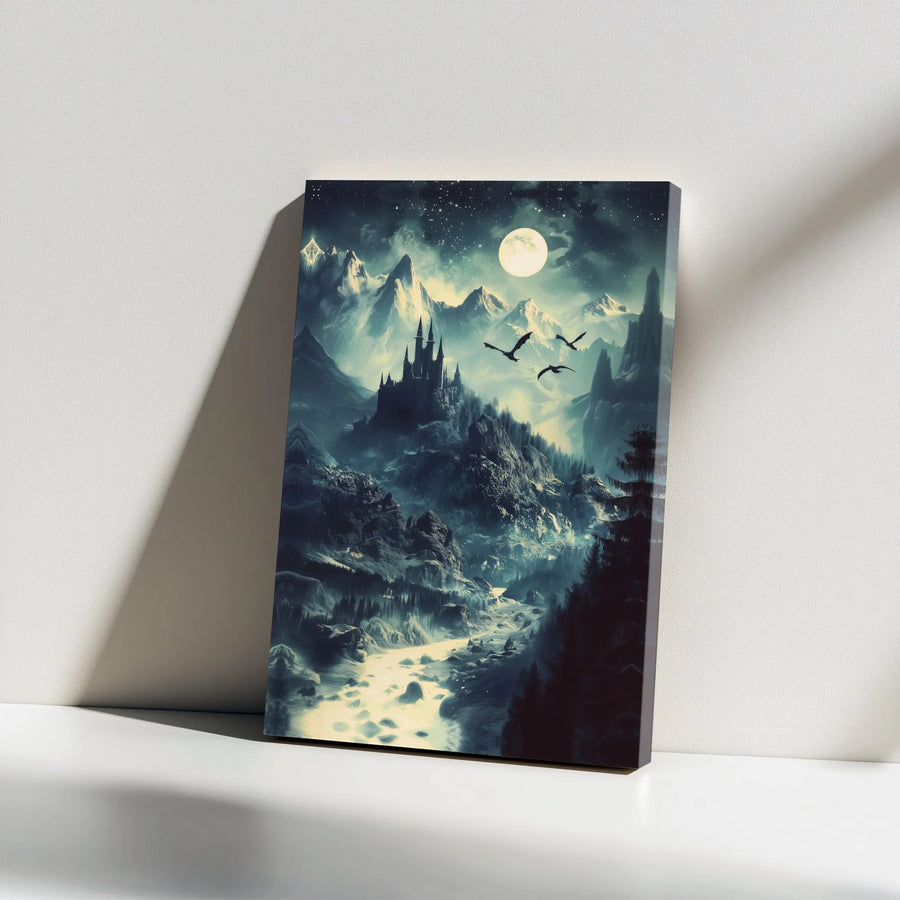 Gothic Castle Canvas Wall Art | Moonlit Dragon Mountain Landscape | Premium Canvas Print | Collector's Gift for Fantasy Lovers & Gamers