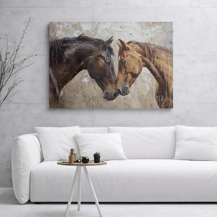 Two Horses Canvas Wall Art | Touching Noses Equestrian Oil Painting | Premium Gallery Wrapped Decor | Gift for Horse Lovers