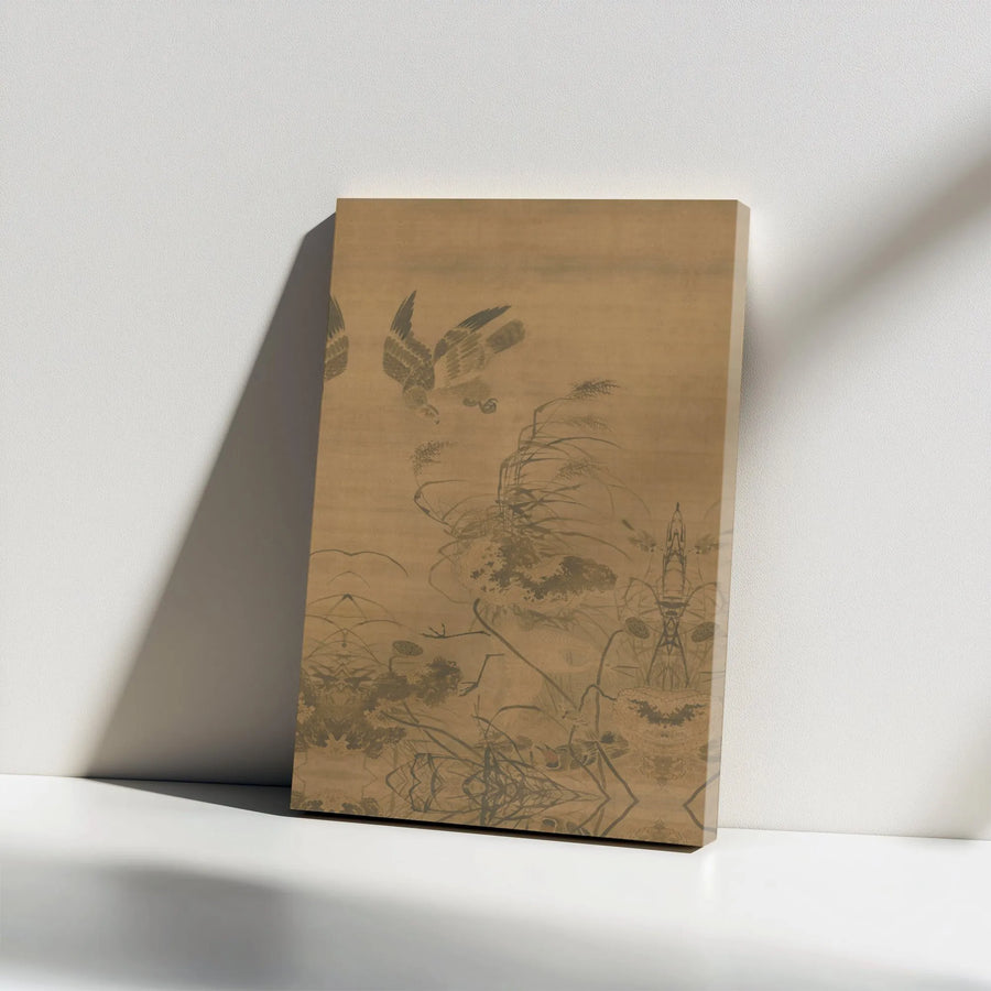 Japanese Hawk Painting Canvas | Vintage Sumi-e Style Bird of Prey | Premium 1.25" Thick Gallery Wrap | Zen Home Decor Gift for Art Lovers