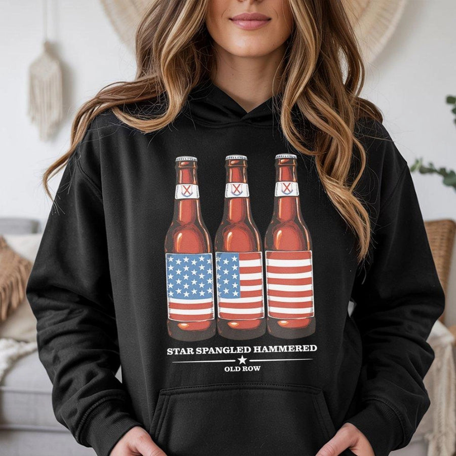 Star Spangled Hammered Hoodie | Beer Bottle American Flag Graphic | Premium Cotton Blend | Funny 4th of July Drinking Gift for Men and Women