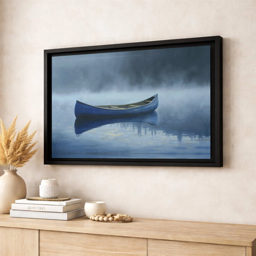 Misty Lake Canoe Canvas Print | Serene Blue Landscape Wall Art | Gallery Wrapped 1.25" Profile | Nature Lover Home Decor Gift