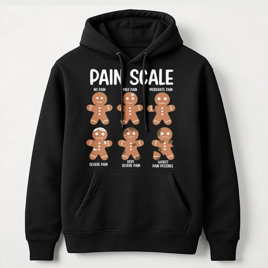 Pain Scale Gingerbread Man Hoodie | Funny Christmas Cookie Graphic | Premium Cotton Blend Unisex Sweatshirt | Unique Gift for Nurses and Doctors