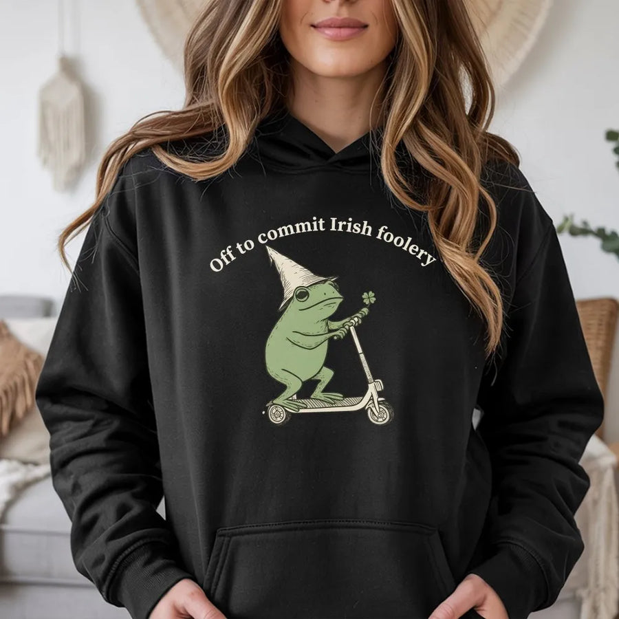 St. Patricks Day Frog Hoodie | Off To Commit Irish Foolery Graphic | Premium Cotton Blend | Funny Lucky Clover Gift For Men And Women