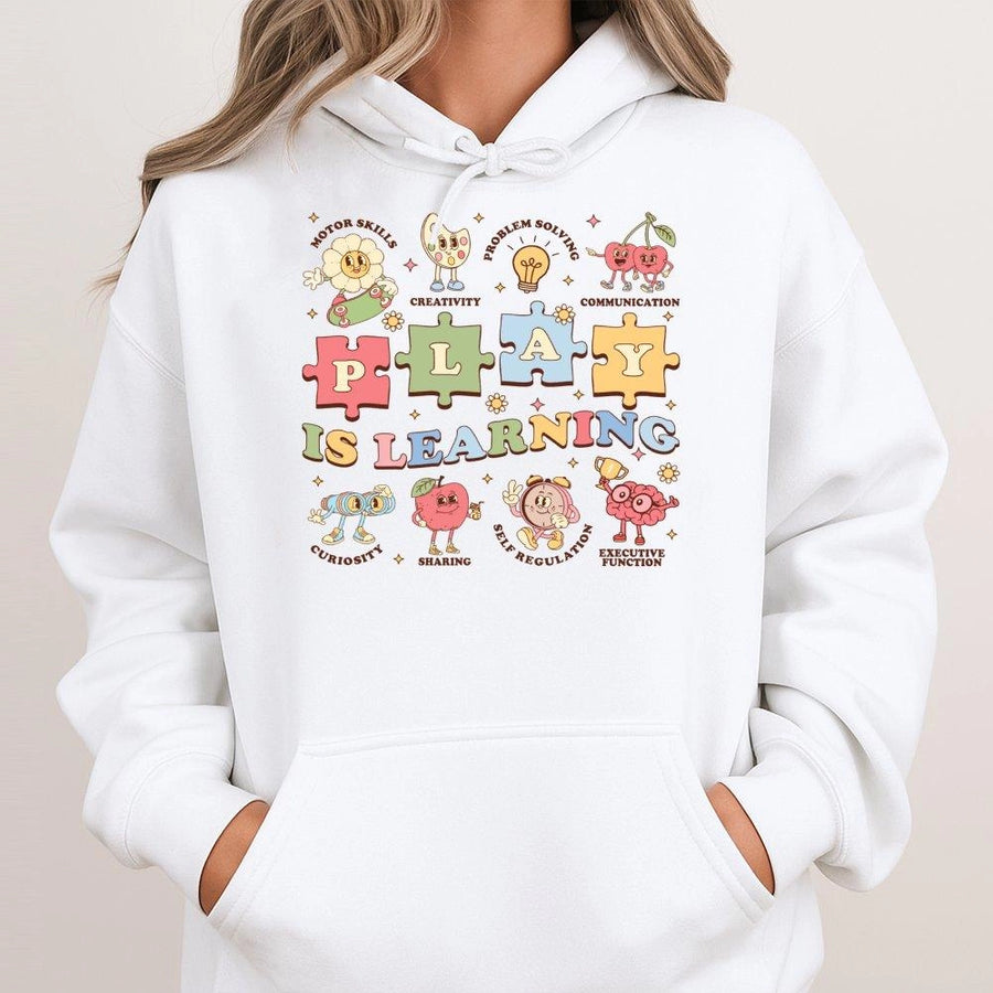 Play Is Learning Teacher Hoodie | Retro Educational Classroom Design | Cotton-Poly Blend | Back To School Gift For Kindergarten Elementary Teachers