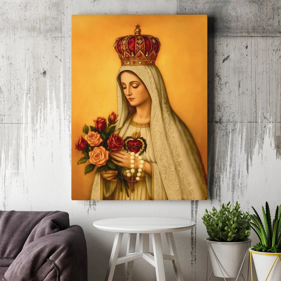 Our Lady of Fatima Canvas Wall Art | Sacred Heart and Rosary Portrait | Premium Gallery Wrapped Canvas | Catholic Christian Home Decor Gift