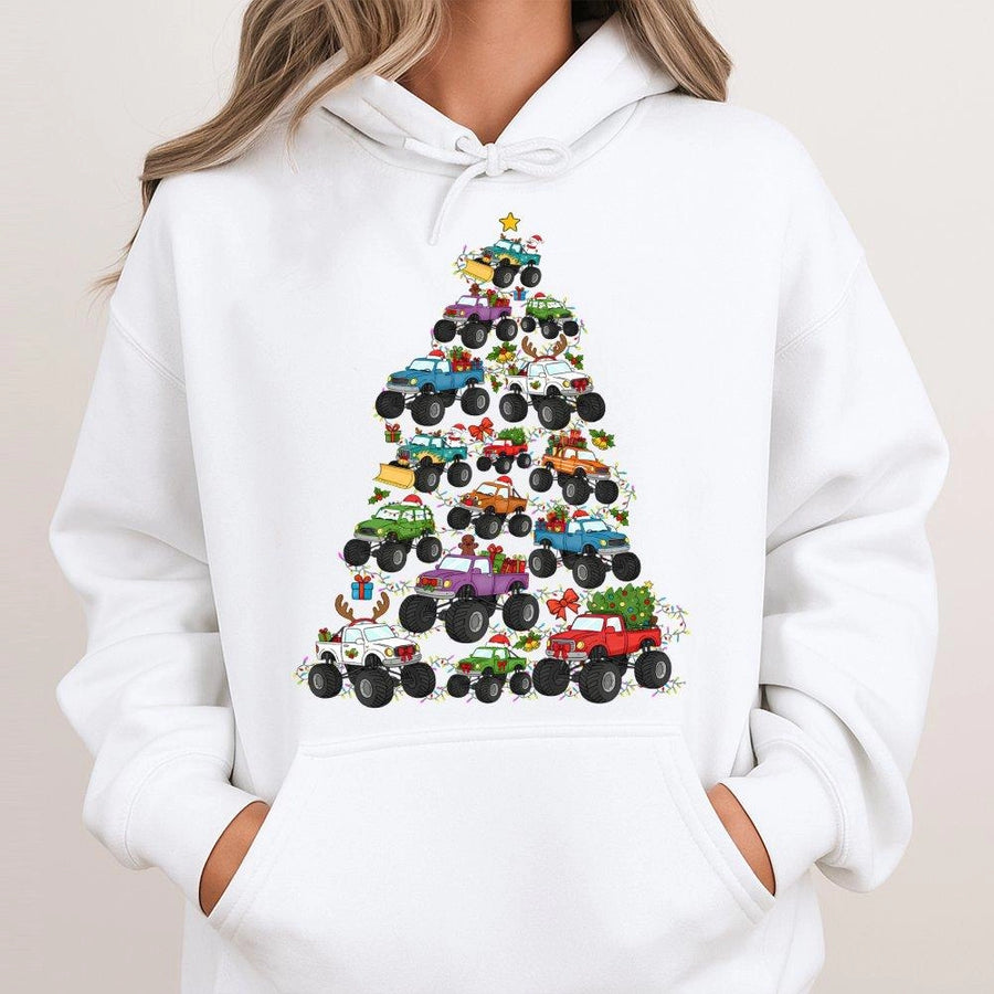 Monster Truck Christmas Tree Hoodie | Festive Off-Road Vehicle Graphic | Premium Cotton-Poly Blend | Unisex Holiday Gift for Truck Lovers