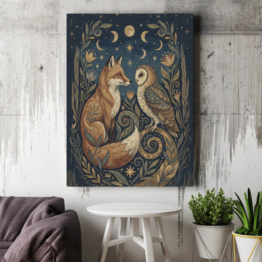 Celestial Fox and Owl Canvas Print | Vintage Woodland Animals Folk Art | Premium Gallery Wrapped Canvas | Mystical Cottagecore Home Decor Gift
