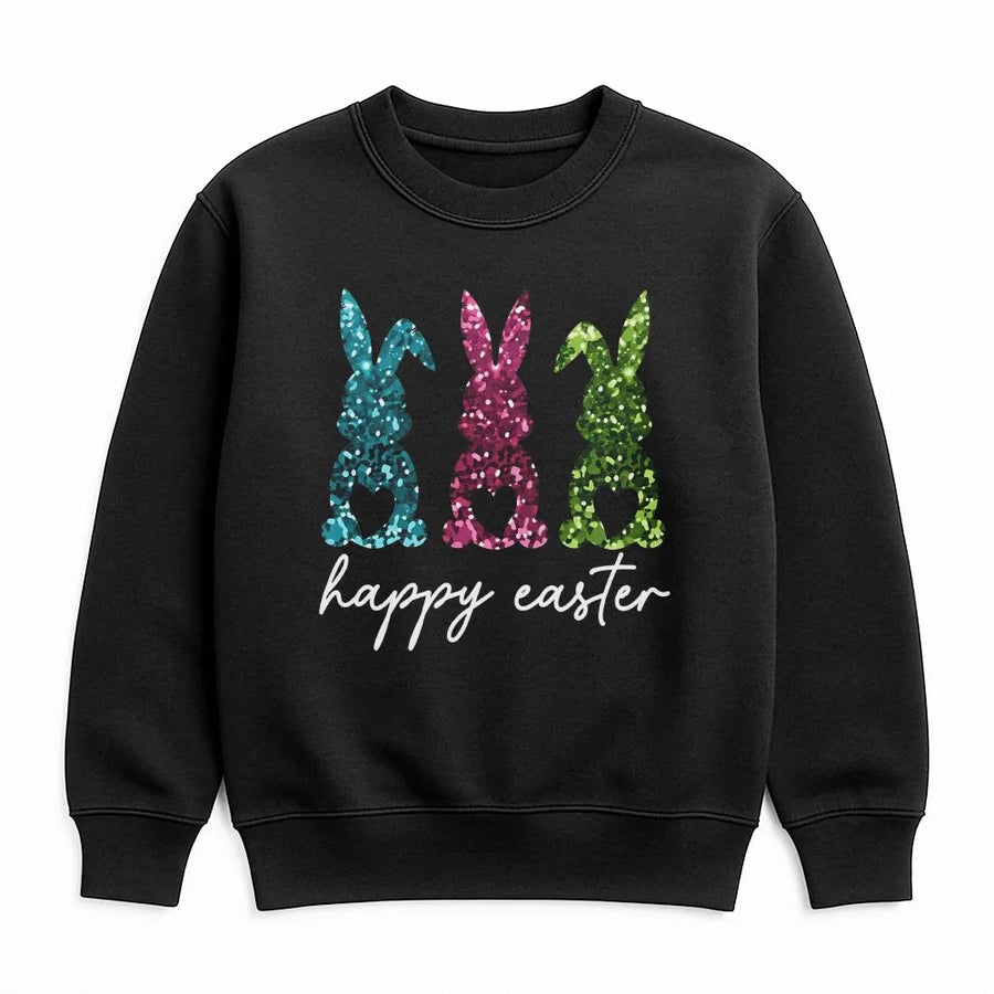 Happy Easter Glitter Bunny Sweatshirt | Colorful Rabbit Graphic Print | Soft Cotton-Poly Blend | Festive Spring Holiday Apparel Gift