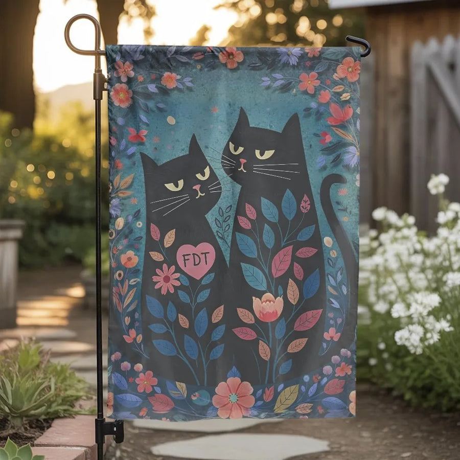 Black Cat Garden Flag | Folk Art Floral Design | Weather-Resistant Polyester | Outdoor Yard Decor Gift for Cat Lovers