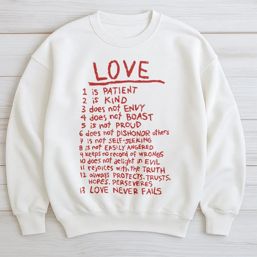 Love Is Patient Sweatshirt | Bible Verse 1 Corinthians 13 Scripture Design | Premium Cotton Blend Crewneck | Religious Gift for Men and Women