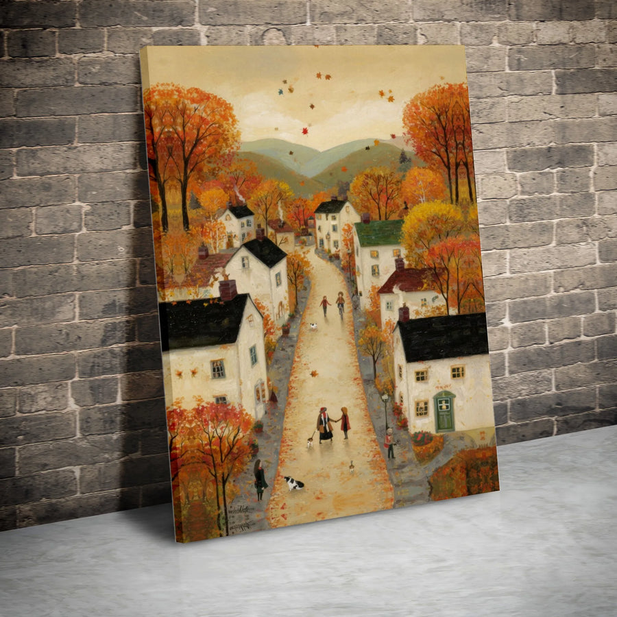 Autumn Village Canvas Wall Art | Whimsical Fall Landscape Painting | Premium Gallery-Wrapped Print | Cozy Home Decor Gift