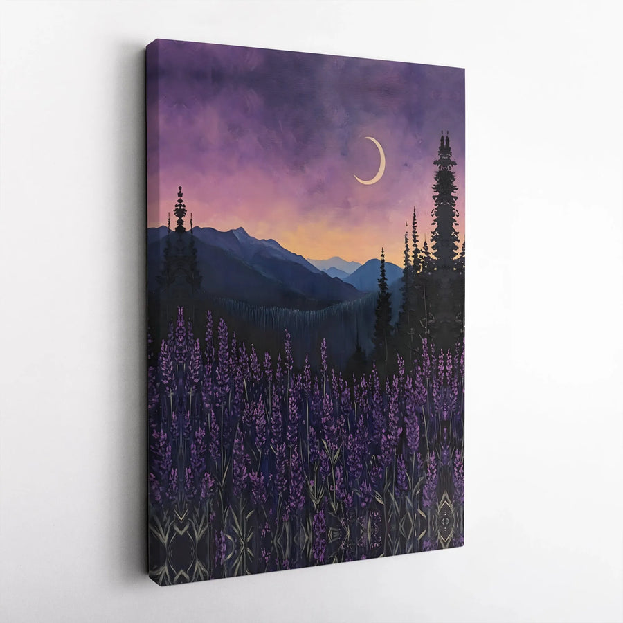 Lavender Mountain Canvas Print | Twilight Lavender Field with Crescent Moon | Premium Gallery Wrapped Canvas | Nature Inspired Home Decor Gift