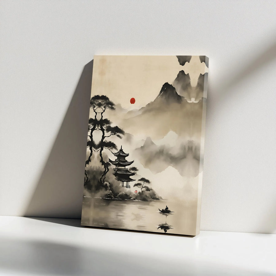 Japanese Pagoda Canvas Wall Art | Sumi-E Mountain Landscape with Red Sun | Premium Gallery Wrap Print | Zen Home Office Decor
