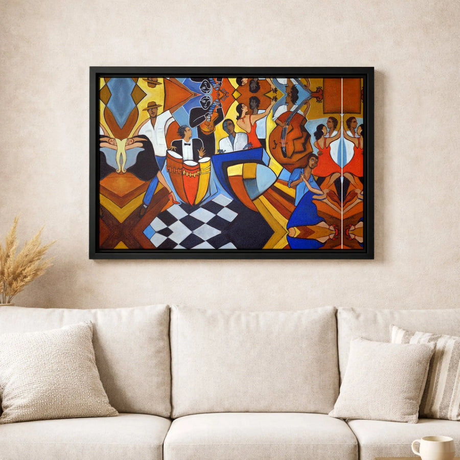Jazz Club Canvas Wall Art | Cubist Musician And Dancer Print | 1.25" Gallery Wrap | Premium Music Lover Gift Decor