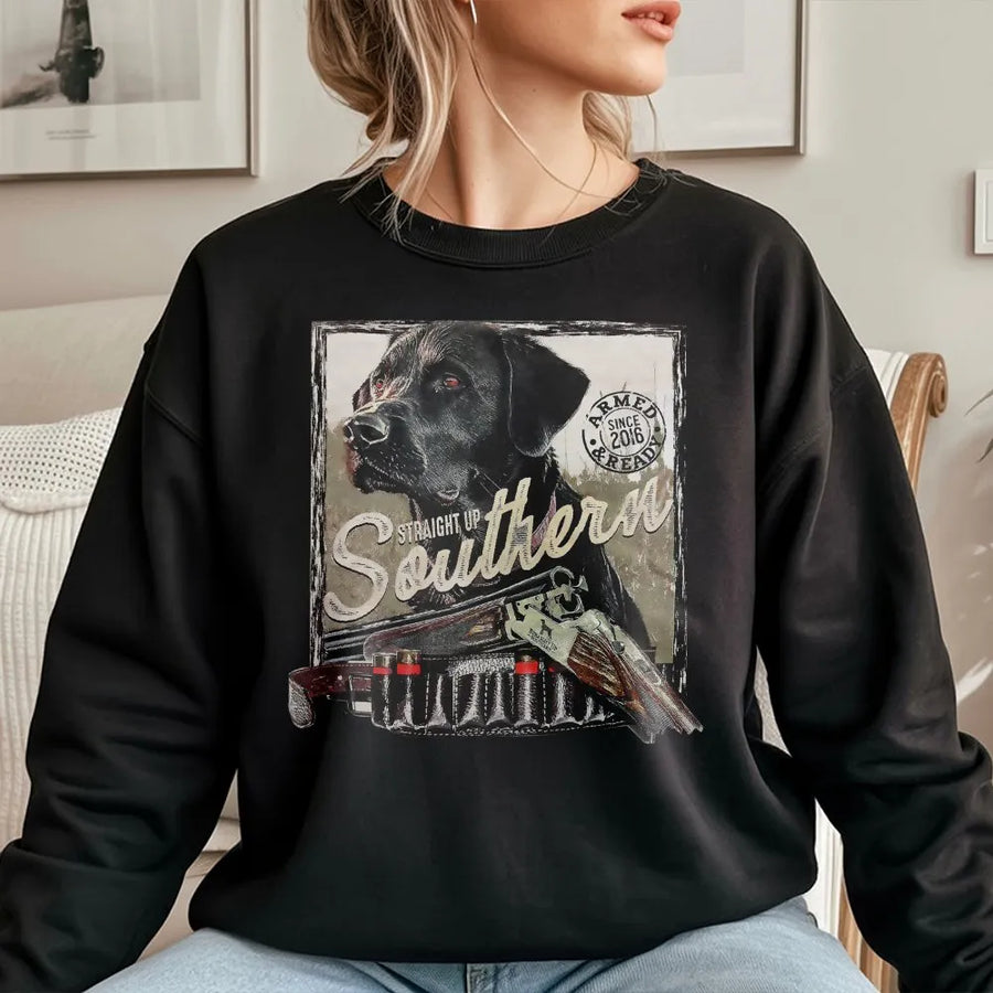 Southern Hunting Sweatshirt | Black Lab Retriever & Shotgun Graphic | Premium Cotton Blend Sweatshirt | Gift for Outdoorsman and Dog Lover