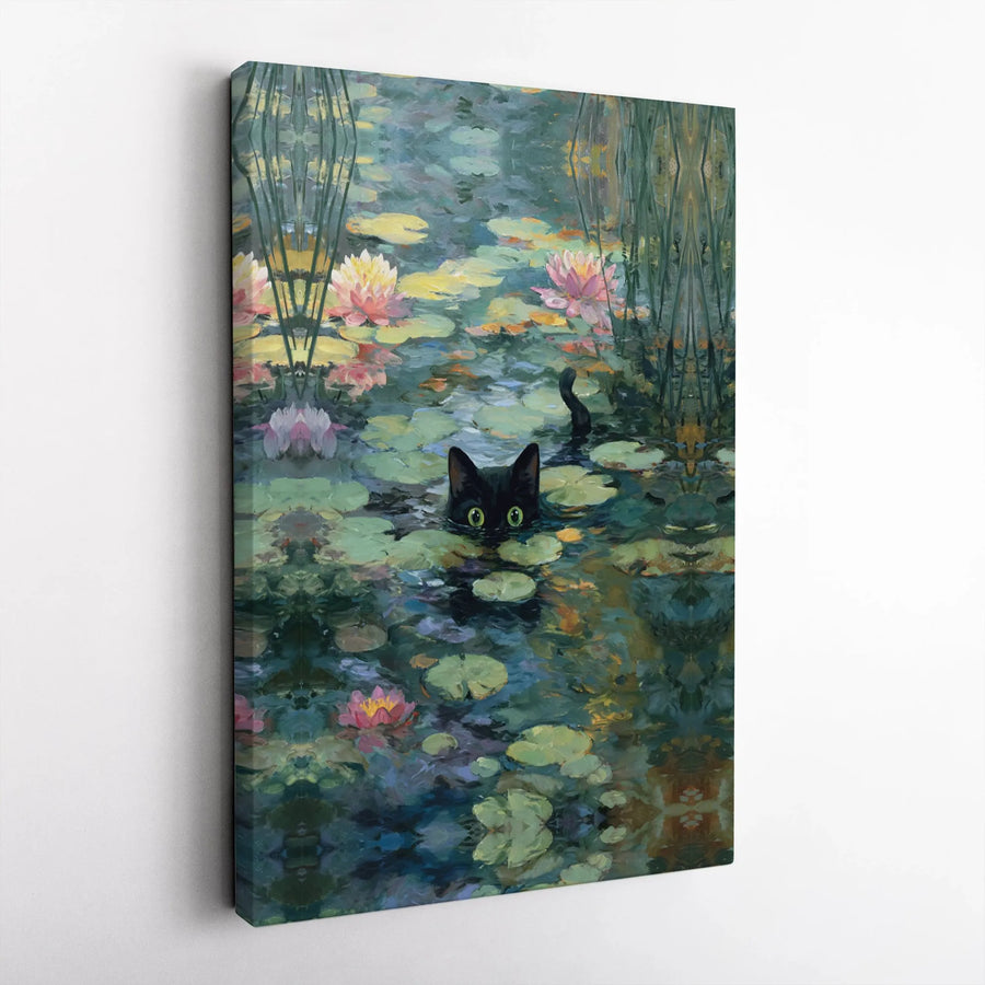 Black Cat in Water Lilies Canvas Wall Art | Impressionist Pond Painting Print | 1.25-Inch Gallery Wrap | Whimsical Home Decor Gift for Cat Lovers