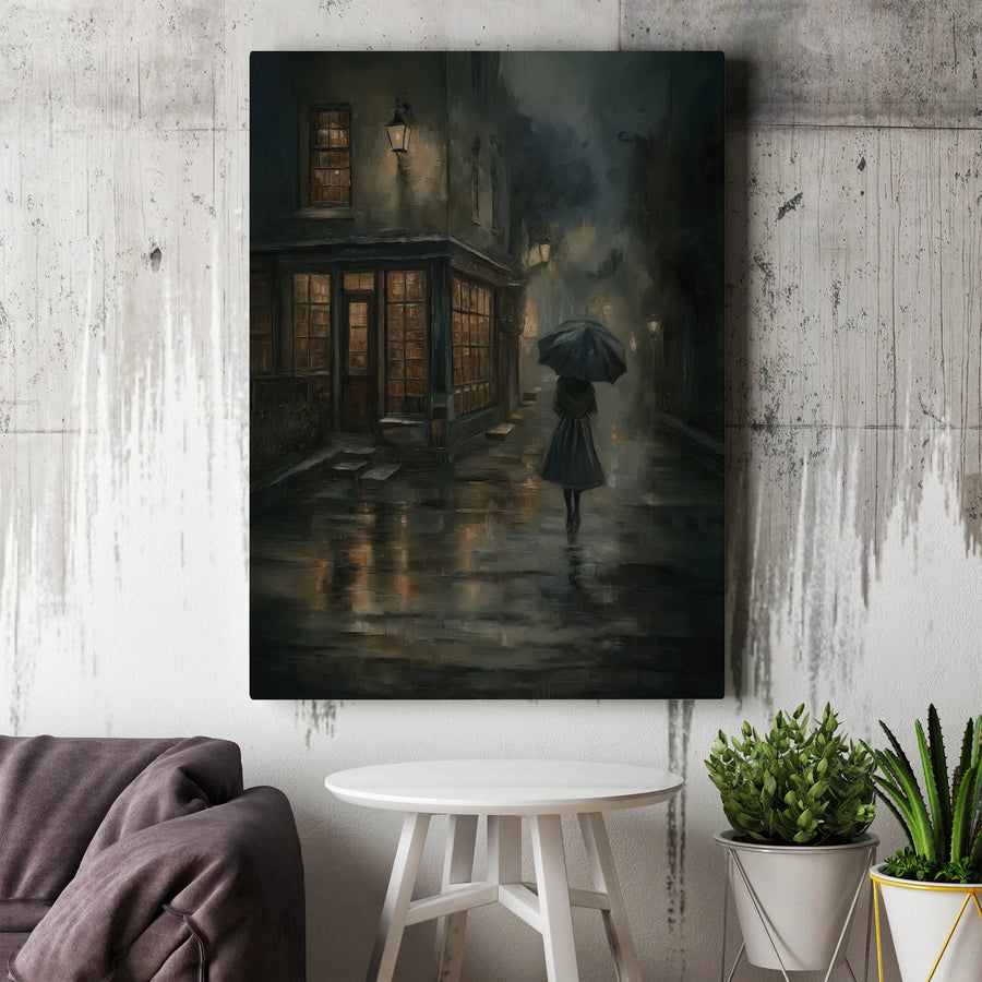 Rainy Street Canvas Print | Moody Dark Academia Wall Art | 1.25 Inch Premium Gallery Wrap | Atmospheric Cityscape Gift for Home Decor