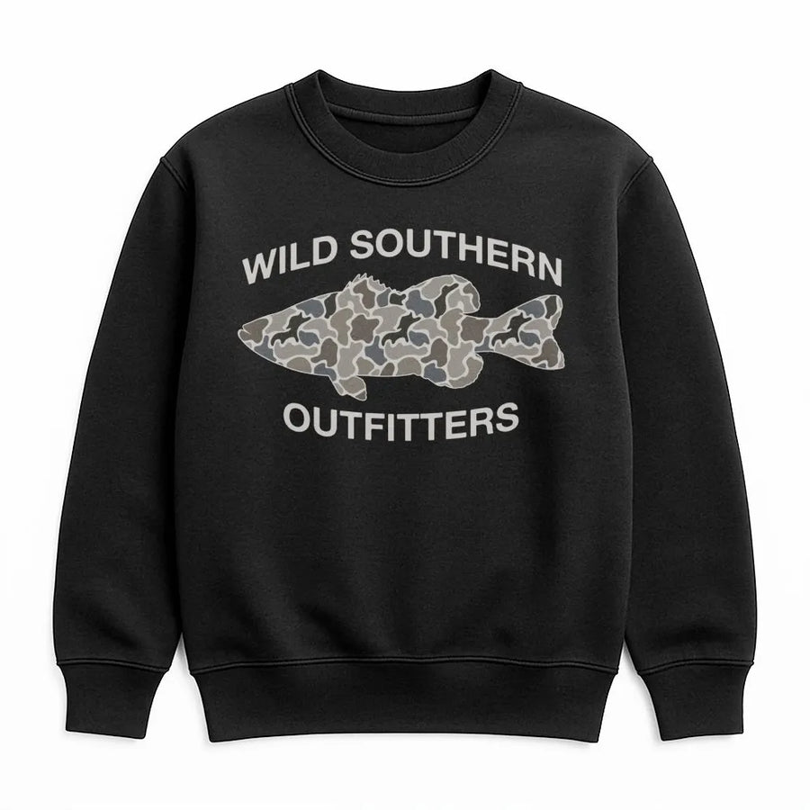 Fishing Sweatshirt | Camo Bass Fish Graphic | Premium Cotton Blend | Gift For Fishermen & Outdoor Lovers
