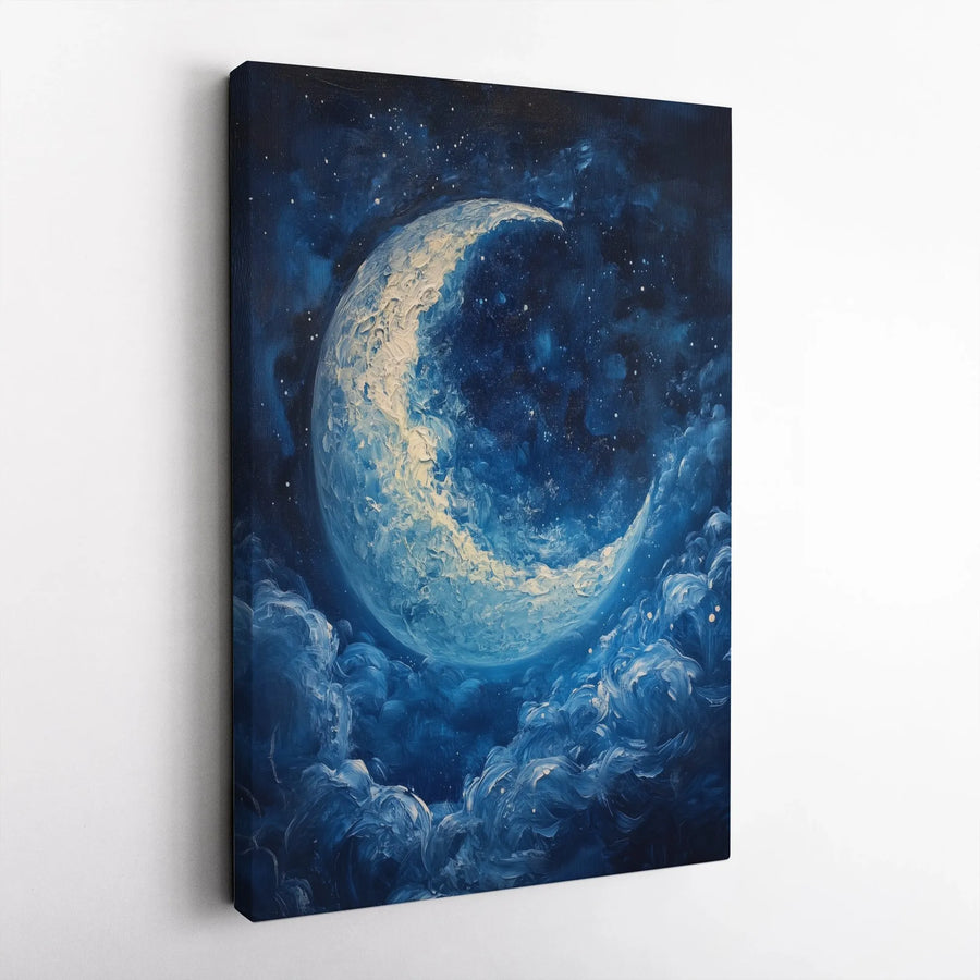 Crescent Moon Canvas Wall Art | Textured Starry Night Sky Decor | Premium Gallery Wrap Print | Celestial Home Interior Gift