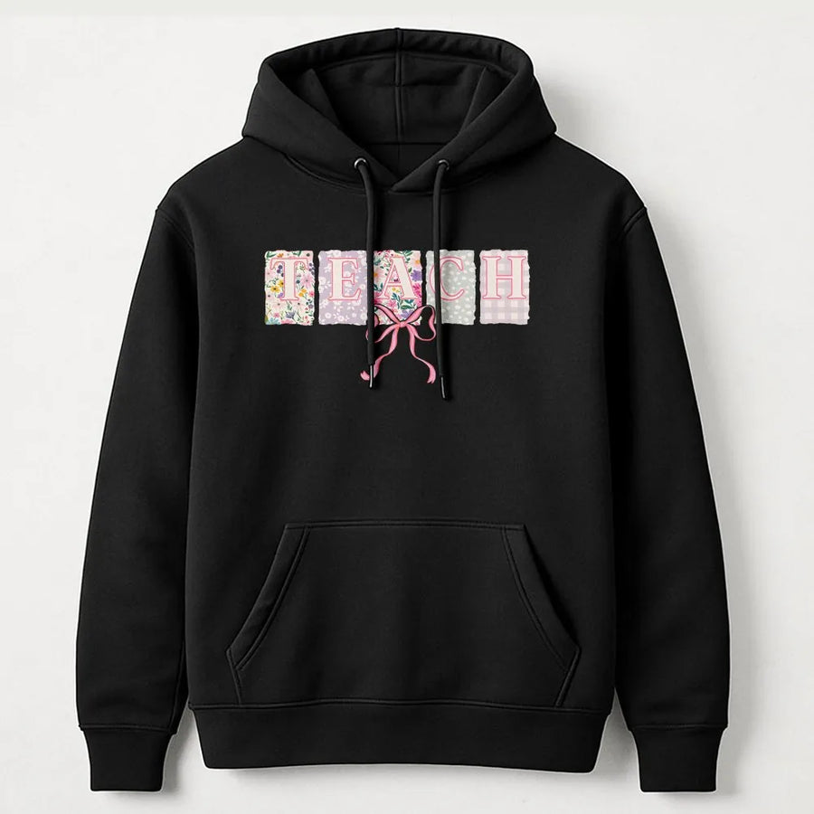 Teach Hoodie | Coquette Bow Floral Teacher Gift | Premium Cotton Blend | Aesthetic Teacher Appreciation Sweatshirt For Women