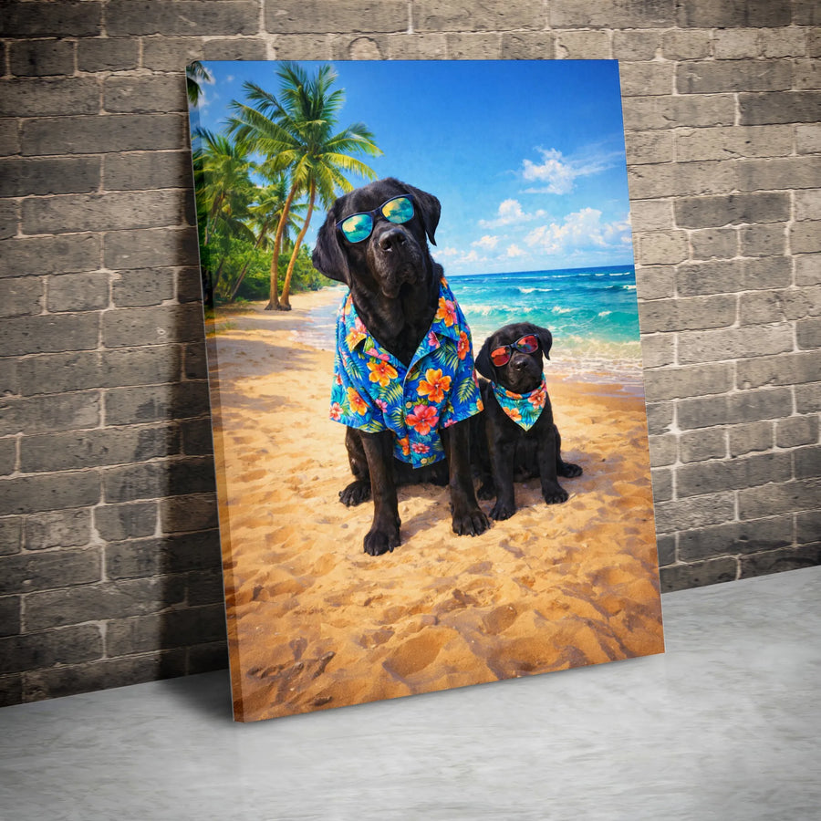 Funny Black Lab Canvas Print | Dog and Puppy in Hawaiian Shirts | Premium Gallery Wrapped Canvas | Gift for Labrador Owner, Beach House Decor
