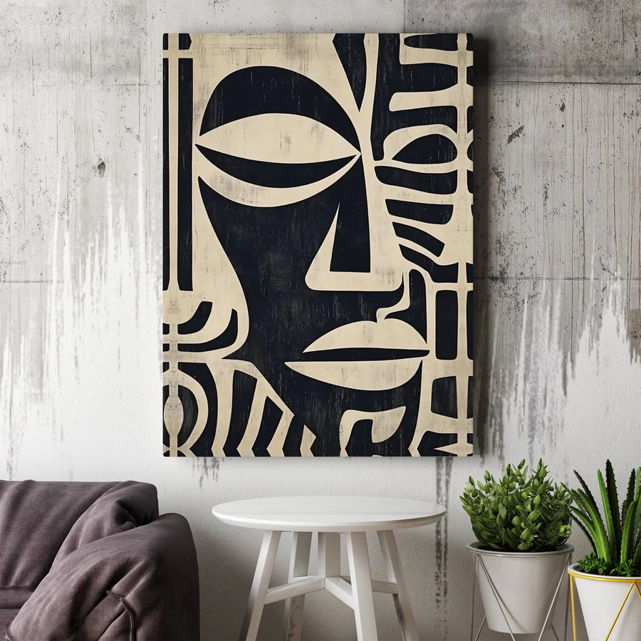 Abstract Tribal Mask Wall Art | Geometric Primitive Face Print | Premium Gallery Wrap Canvas | Modern Home Office Decor Gift
