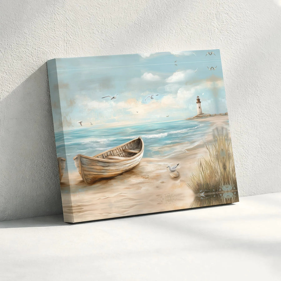 Coastal Beach Canvas Wall Art | Rowboat Lighthouse Seascape Painting | Premium Fade-Resistant Gallery Wrap | Nautical Home Decor Gift