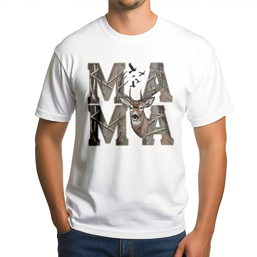 Mama Deer T-Shirt | Camo Print Lettering Hunting Design | Premium Soft Cotton Tee | Outdoorsy Mom Gift Country Western Style