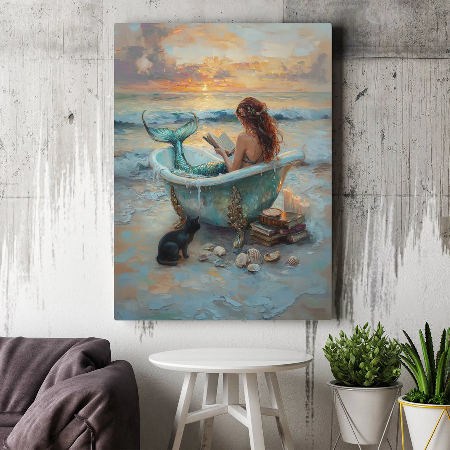 Mermaid Reading Book Canvas Wall Art | Whimsical Bathtub Beach Scene | Premium 1.25 Inch Gallery Wrap | Coastal Home Decor Gift for Book Lovers