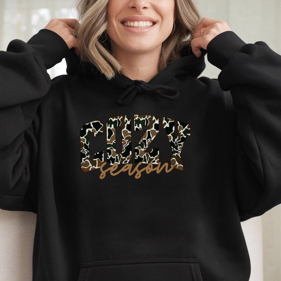 Cozy Season Hoodie | Camo Print Graphic Sweatshirt | Premium Cotton Blend | Fall Winter Apparel for Women and Men