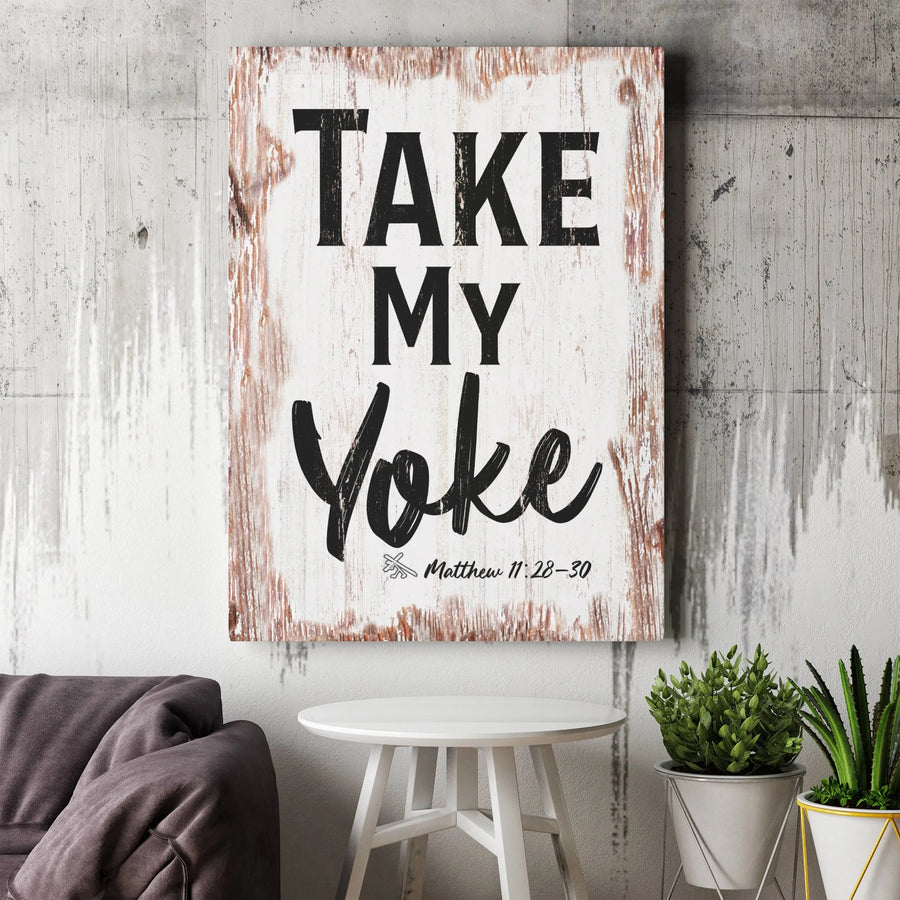Take My Yoke Bible Verse Canvas | Matthew 11:28-30 Wall Art | Gallery-Quality Wood-Look Decor | Christian Home Gift for Believers