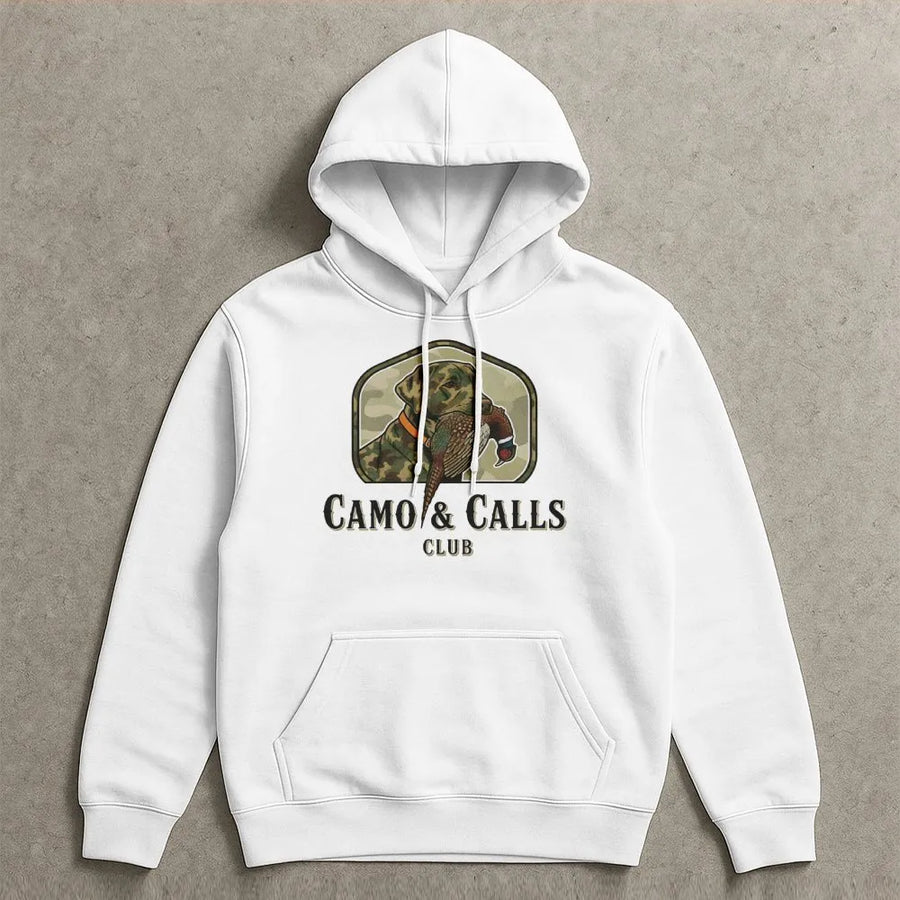 Camo & Calls Club Hunting Hoodie | Labrador Pheasant Dog Graphic | Premium Cotton Blend | Gift For Upland Hunters & Dog Lovers