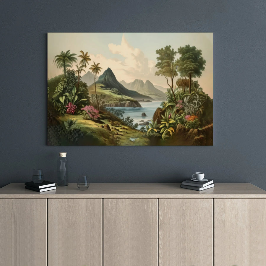 Tropical Island Landscape Canvas Print | Vintage Botanical Mountain View | Premium 1.25 Inch Gallery Wrap | Island Home Office Wall Decor