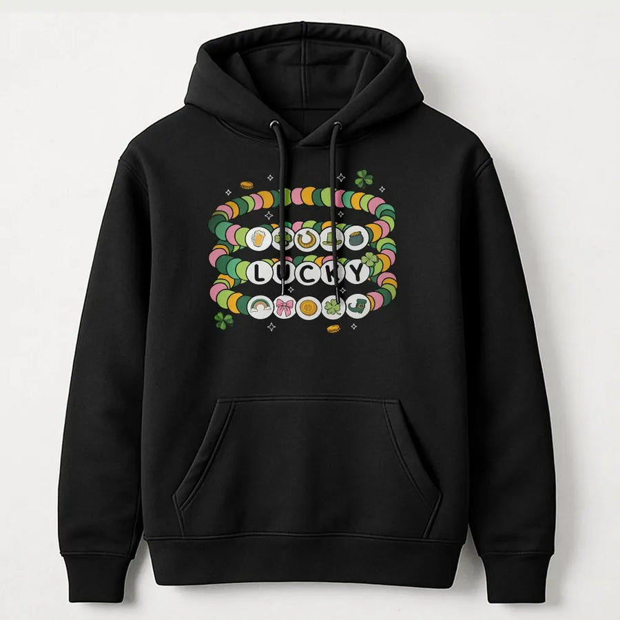 Lucky Friendship Bracelet Hoodie | St. Patricks Day Coquette Aesthetic | Soft Cotton-Blend Pullover | Cute Irish Gift for Her