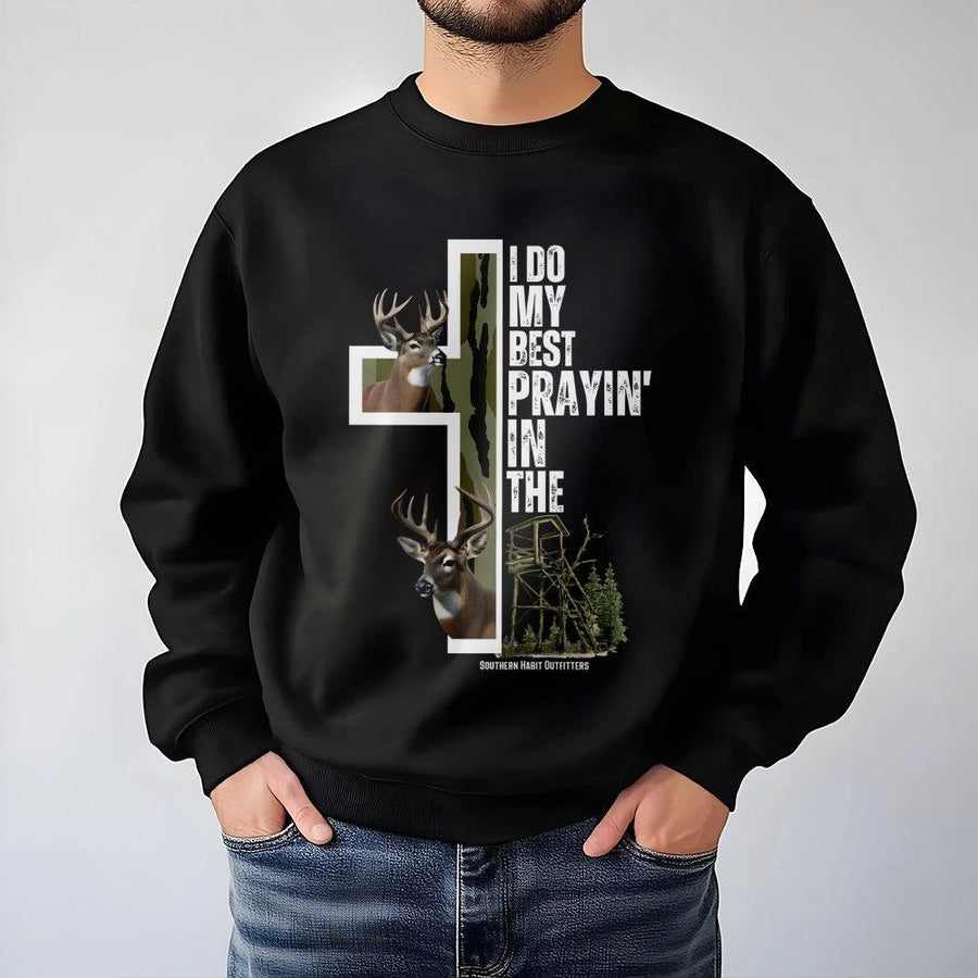 I Do My Best Prayin In The Deer Stand Sweatshirt | Hunting Cross Graphic Design | Premium Cotton Blend | Gift For Hunters And Outdoorsmen