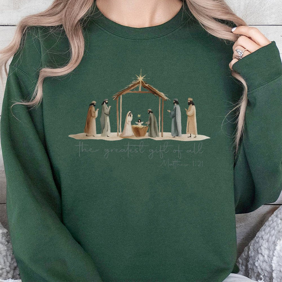 Nativity Scene Christmas Sweatshirt | The Greatest Gift Of All Christian Design | Soft Cotton Blend Crewneck | Religious Holiday Gift For Women