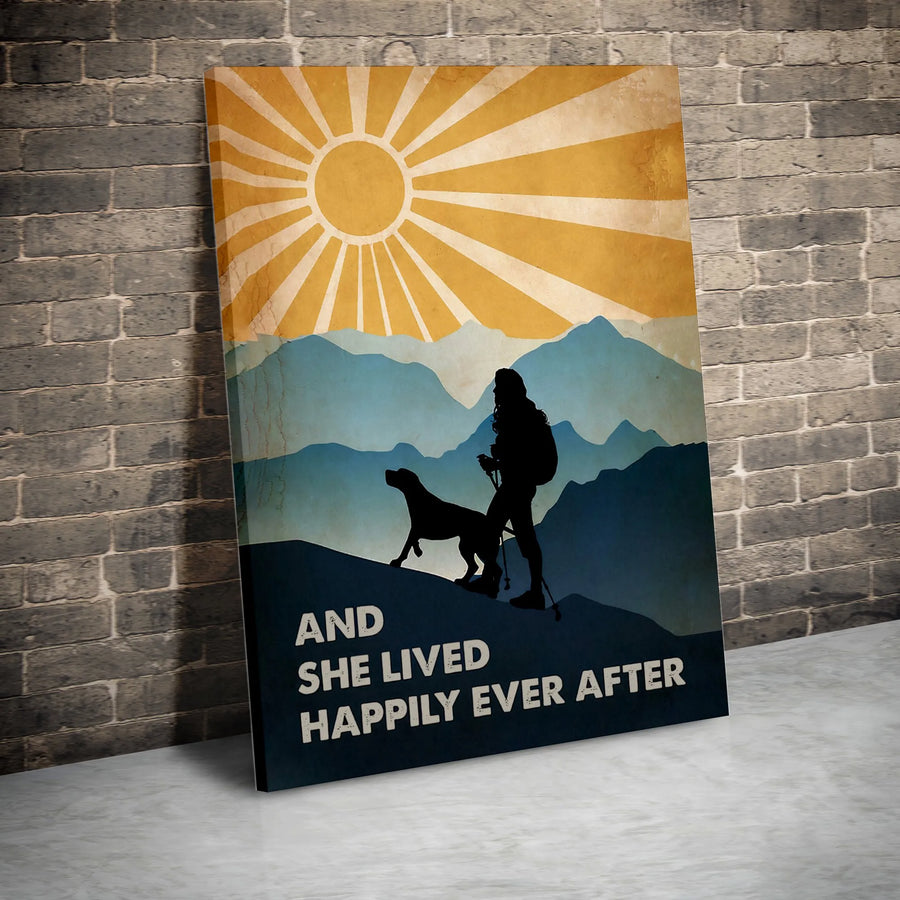 Woman Hiking With Dog Canvas Wall Art | And She Lived Happily Ever After Adventure Print | Premium 1.25" Gallery Wrap | Outdoor Gift For Her