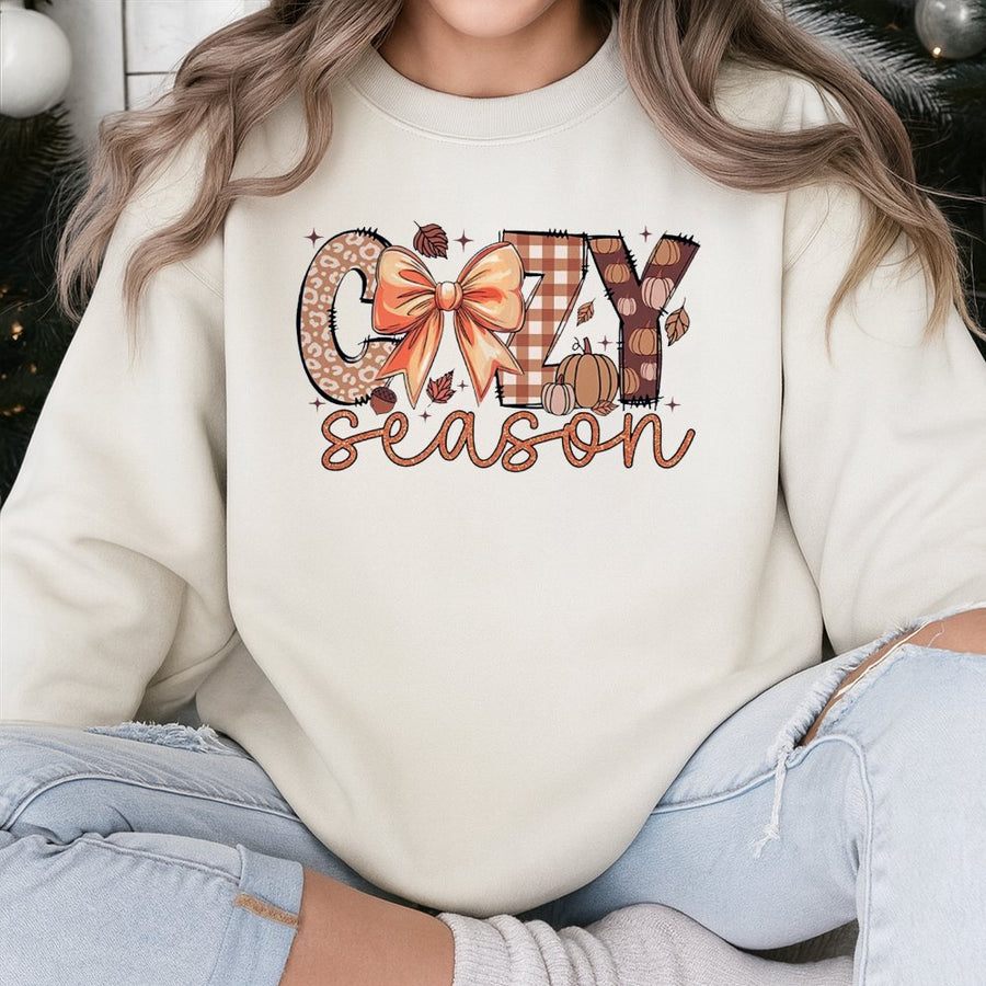 Cozy Season Sweatshirt | Fall Aesthetic Pumpkin Bow Graphic | Cotton Polyester Blend | Trendy Thanksgiving Gift For Women