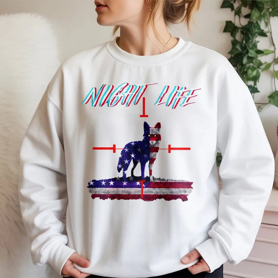 Coyote Hunting Sweatshirt | American Flag Predator Hunter Design | Cotton Blend Crewneck | Patriotic Gift for Hunters and Outdoorsmen