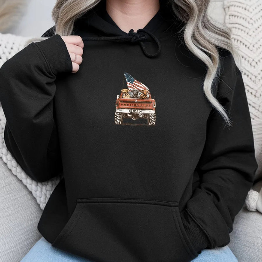 Labrador Hunting Club Hoodie | Vintage American Flag Truck Design | Soft Cotton Blend | 4th of July Gift for Dog Lovers