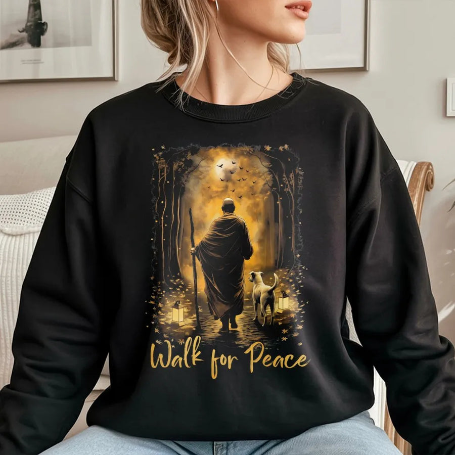Walk For Peace Sweatshirt | Zen Monk and Dog Forest Graphic | Premium Soft Cotton Blend | Spiritual Mindfulness Gift for Yoga Meditation Lovers